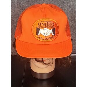Vintage United Farm‎ Agency Real Estate Trucker Hat Cap Orange Patch Snapback